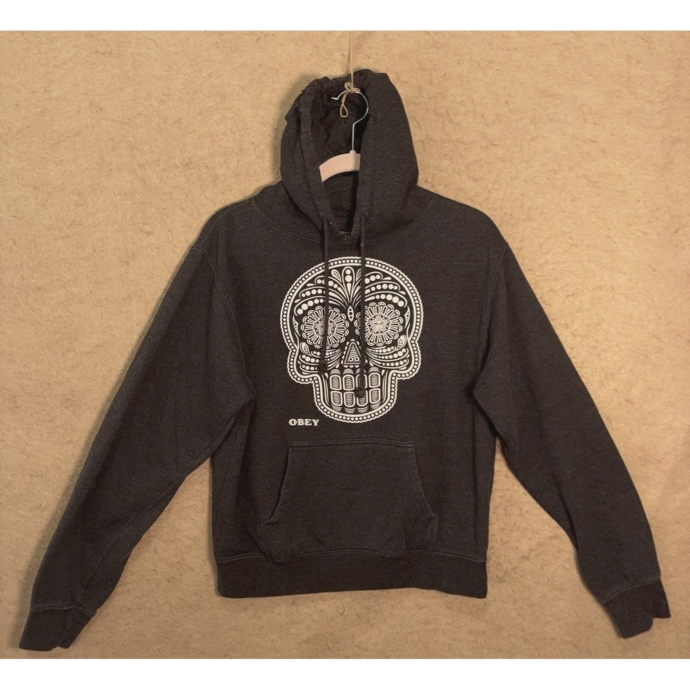 Obey Hoodie‎ Womens Sz L Dark Gray Candy Skull Pocket Lightweight Pullover